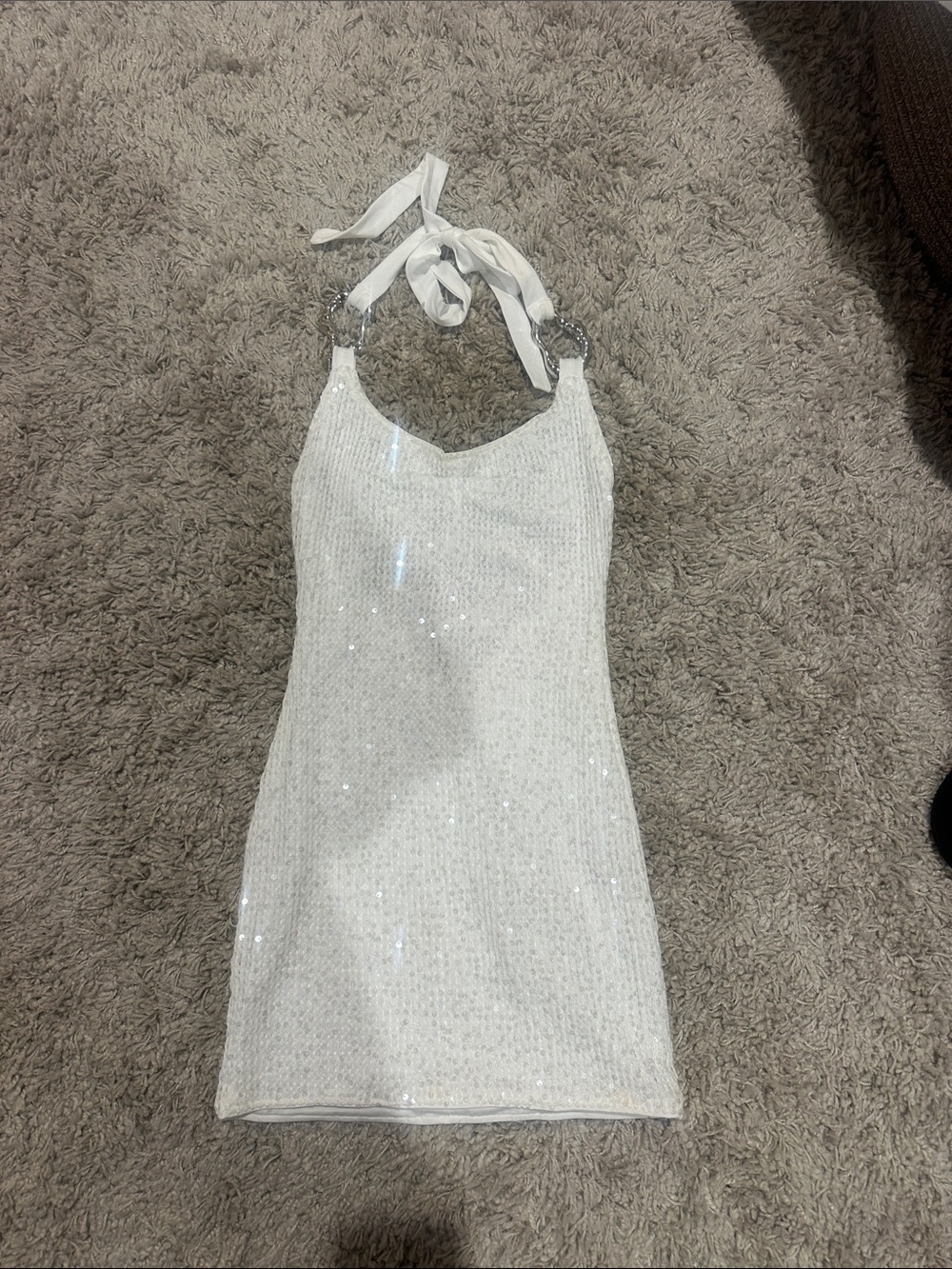 White Sequin Halter Mini Dress-NEVER WORN